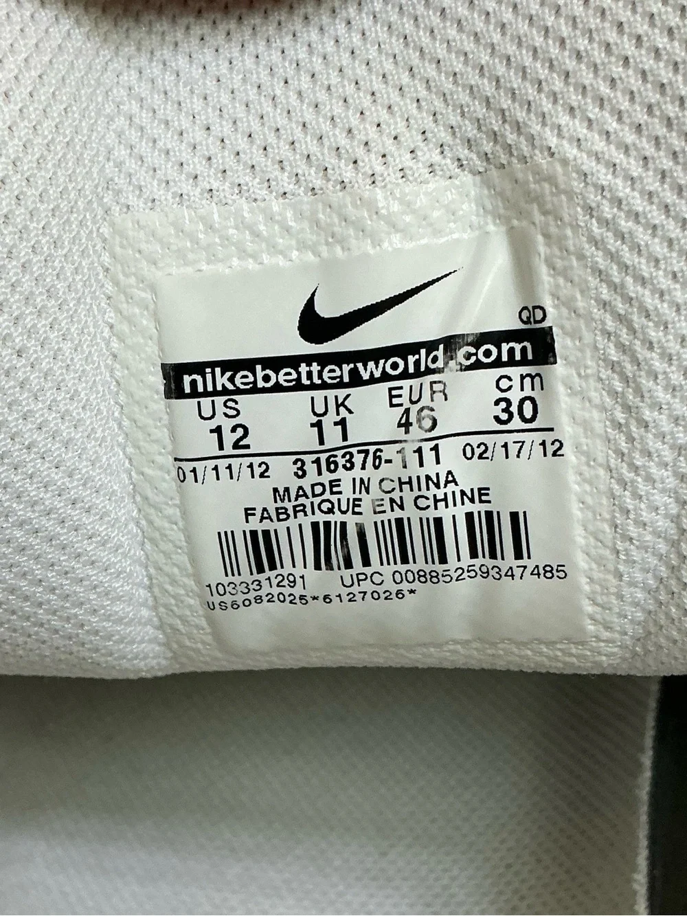 Nike Air Max Running Shoes White 316376-111 Low Top Lace Up Sneakers Men's US 12